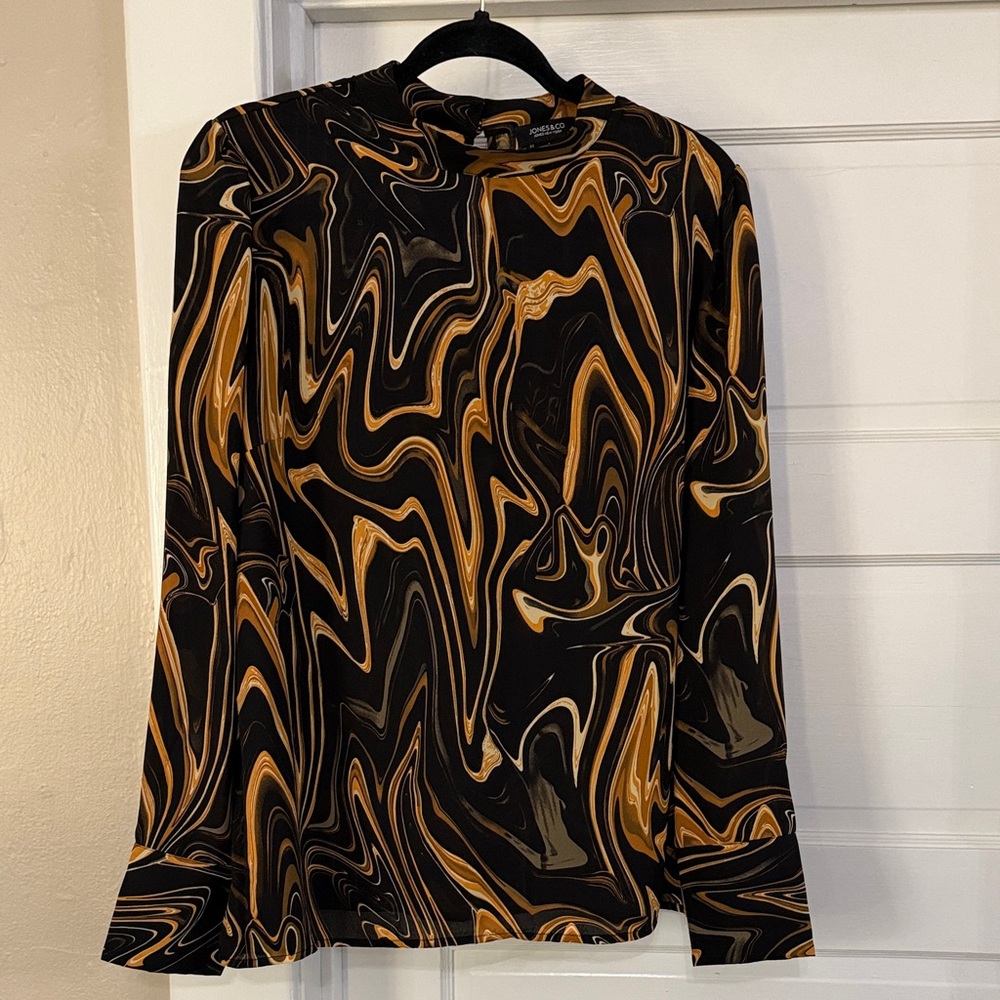 Jones & CO Elegant Black Gold Switl Pattern Blouse Sz XL NWOT
